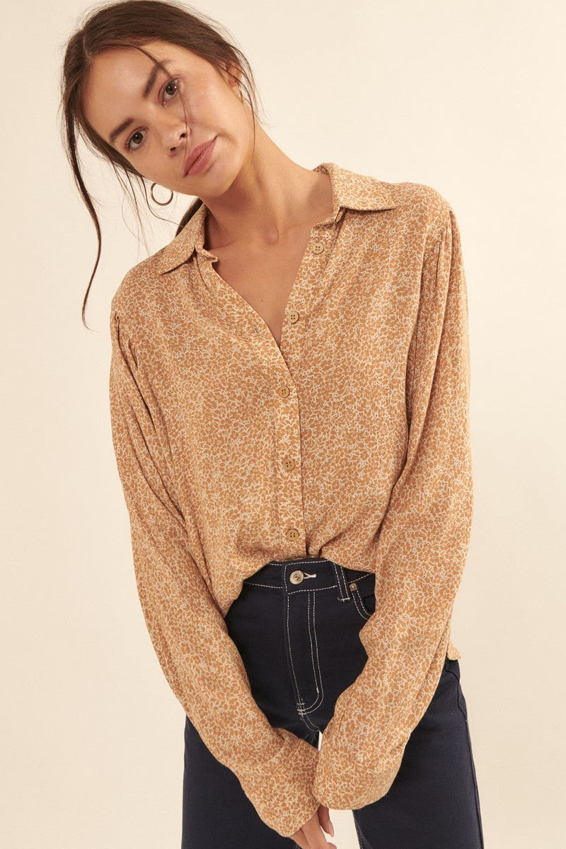 Collared Neckline Floral-print Shirt