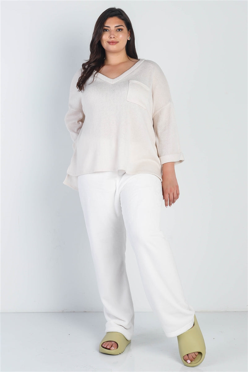 Plus Cream Knit V-neck Pocket Front Top