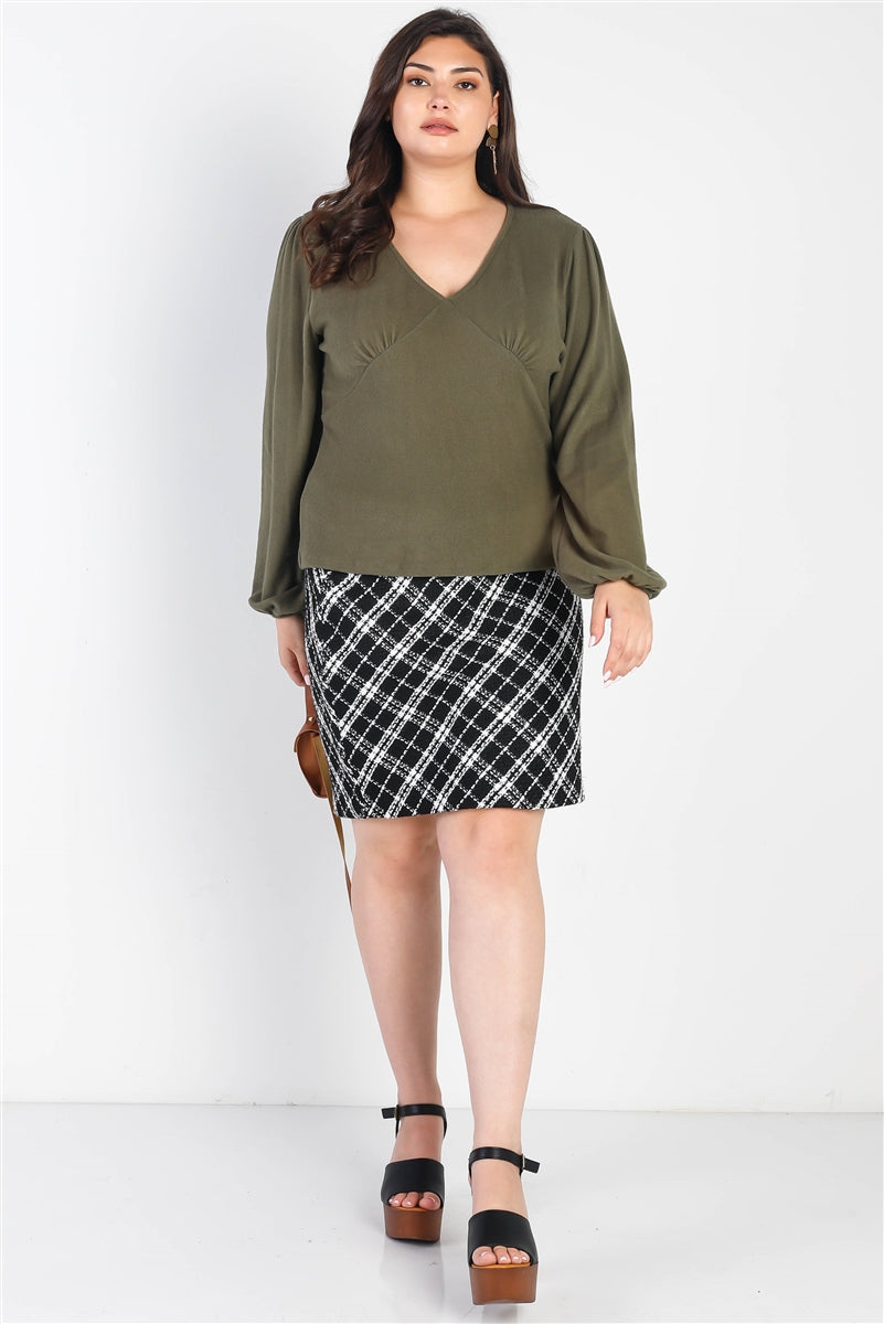 Plus Olive Flannel V-neck Long Sleeve Top