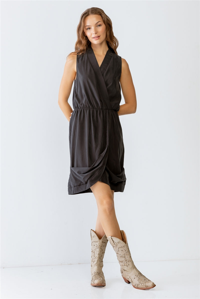 Washed Black Wrap Sleeveless V-neck Mini Dress