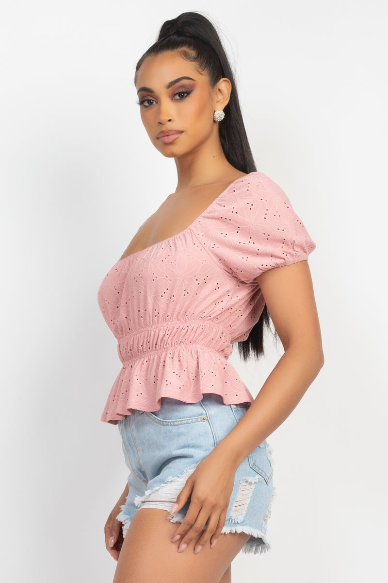 Puff Sleeve Eyelet Peplum Top