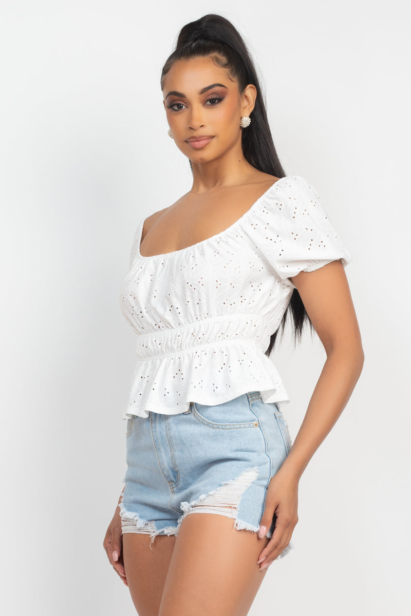 Puff Sleeve Eyelet Peplum Top