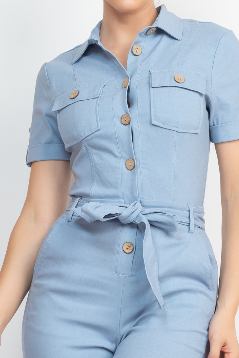 Collared Waist-tie Buttoned Jumpsuit