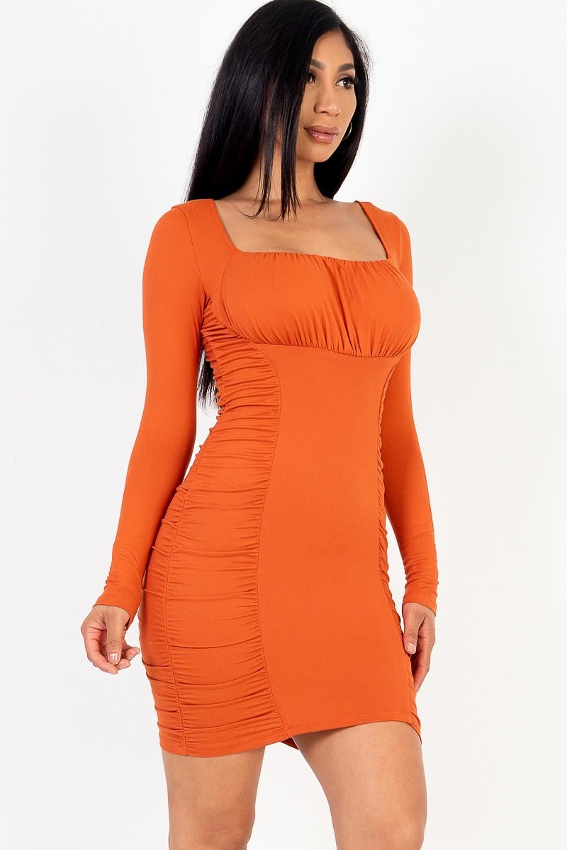 U-neck long sleeve ruched bodycon mini dress