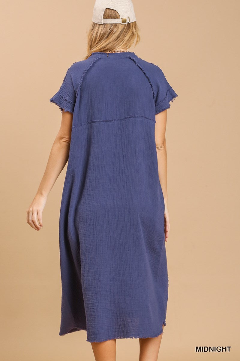 Split neck button down midi dress with no lining