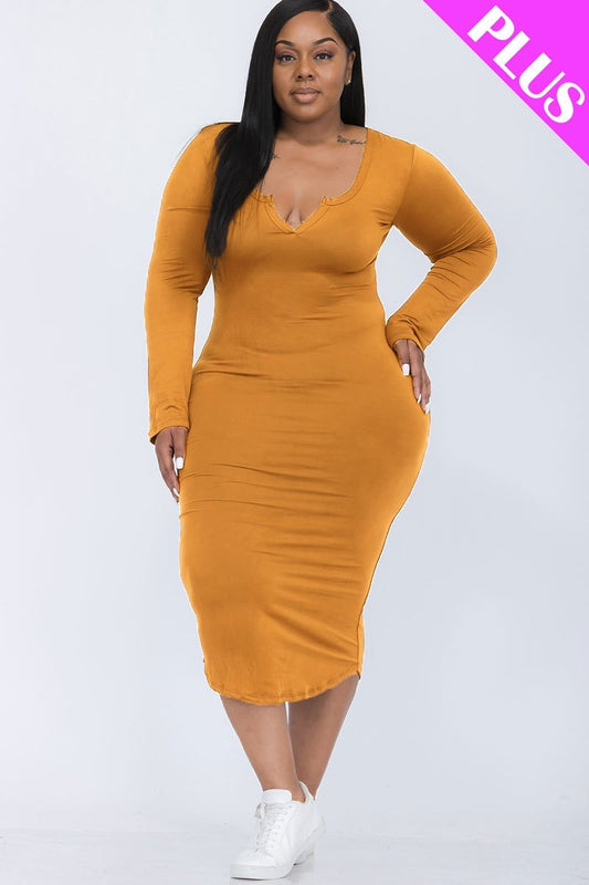 Plus Size Split Neck Long Sleeve Midi Dress