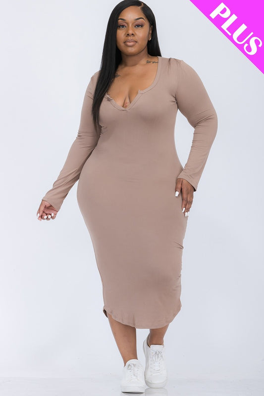 Plus Size Split Neck Long Sleeve Midi Dress