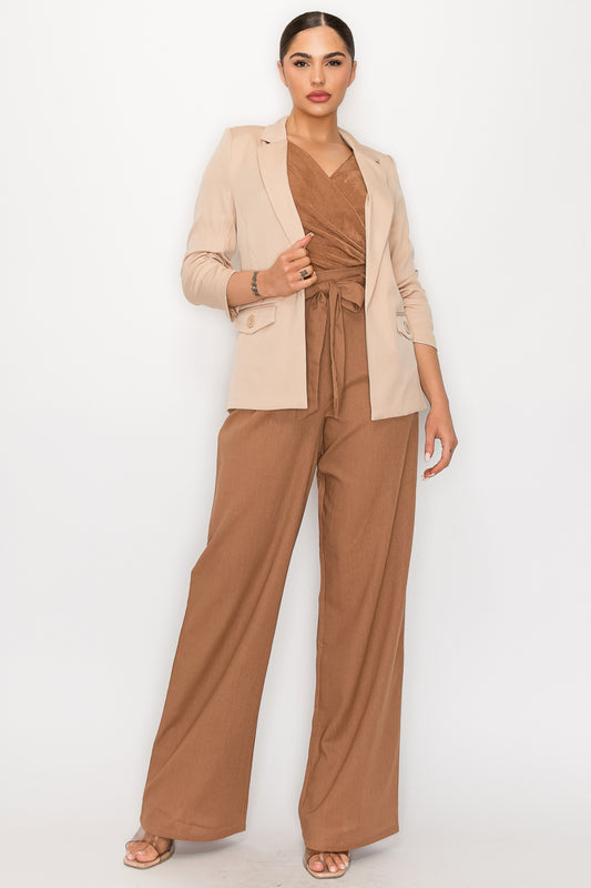 Ruched Sleeves Solid Blazer