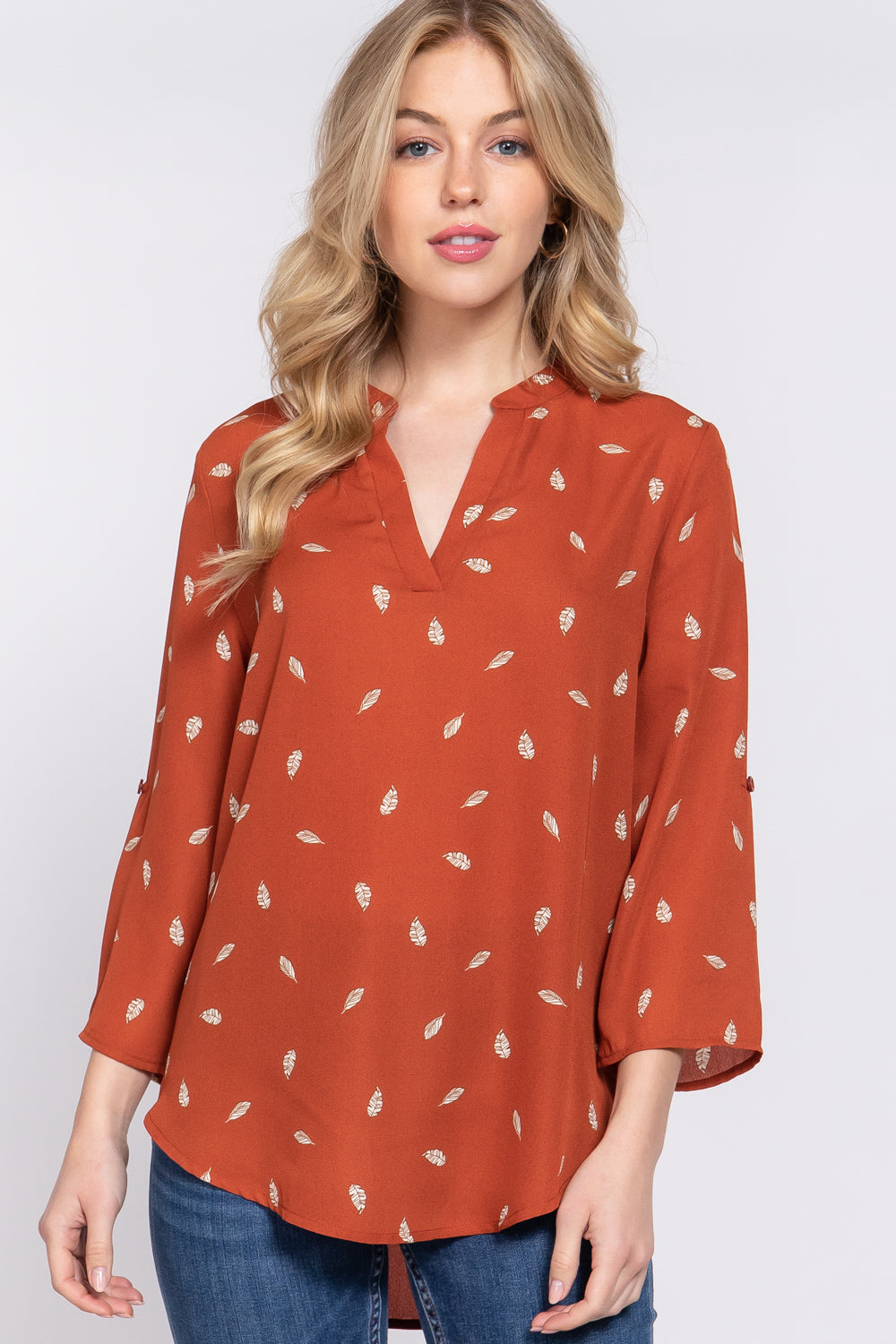 3/4 Roll Up Slv V-neck Print Blouse