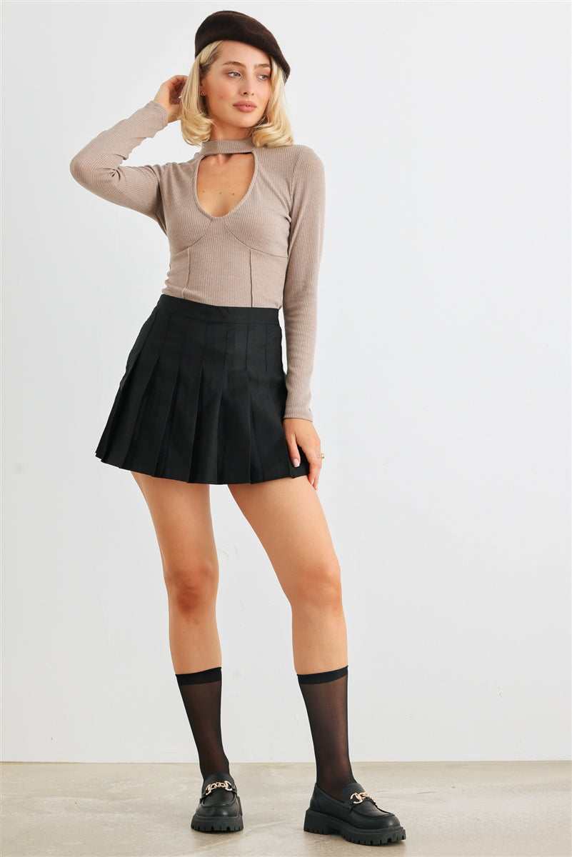 Taupe Ribbed Cut-out Detail Long Sleeve Bodysuit