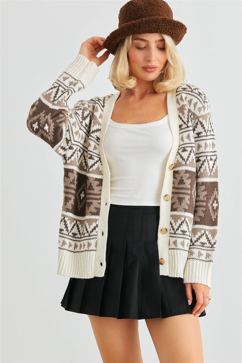 Fair Isle Knit Button-up Long Sleeve Cardigan Sweater