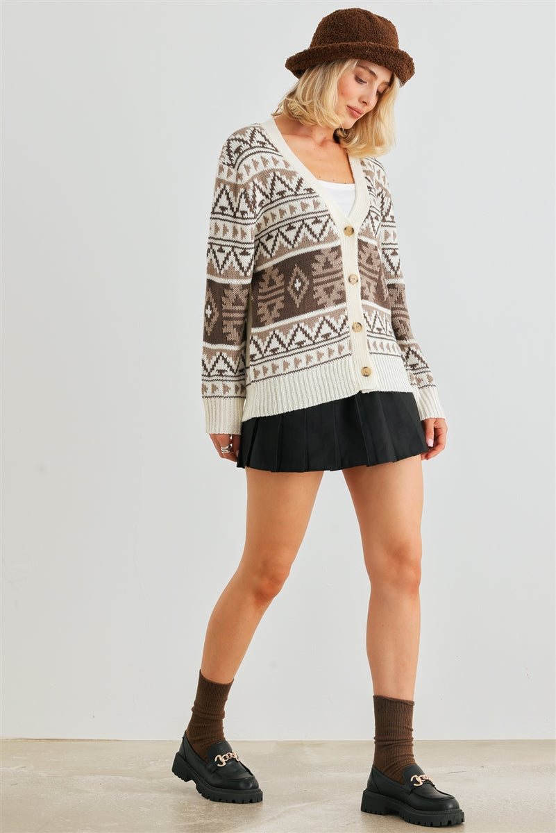 Fair Isle Knit Button-up Long Sleeve Cardigan Sweater