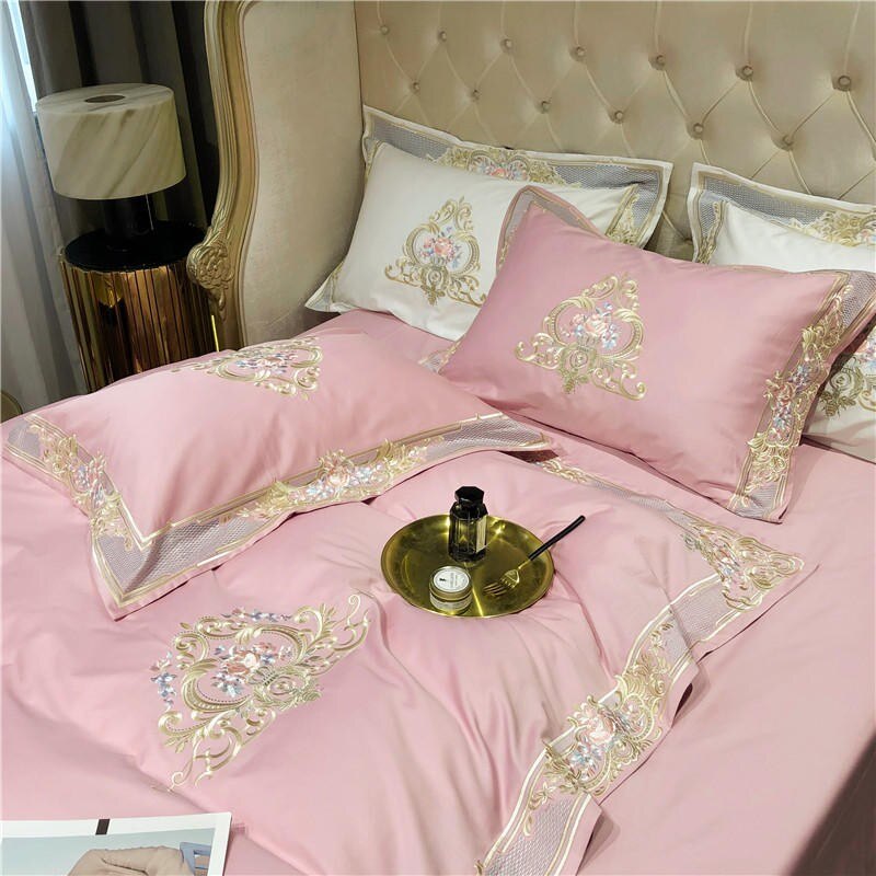 Bedding Set - Premium 1000TC Egyptian Cotton US Queen King 104X90&quot; Oversize Bedding Set White Pink Embroidery Duvet Cover Bed Sheet Pillowcase