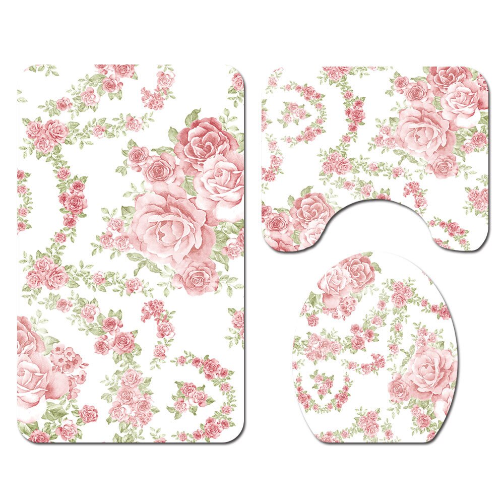 Floral Bath Mat and Shower Curtain Set Shower Curtain with Hooks Bath Rugs Anti Skid Bathroom Carpet Toilet Foot Pad Bath Mat