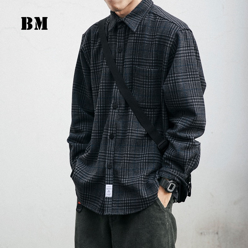 2021 High Quality Thick Woolen Shirt Men Clothing Japanese Streetwear Lapel Long Sleeve Casual Plaid Top Harajuku Coats Male