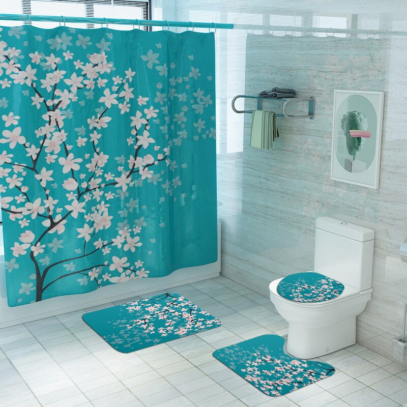 Floral Bath Mat and Shower Curtain Set Shower Curtain with Hooks Bath Rugs Anti Skid Bathroom Carpet Toilet Foot Pad Bath Mat