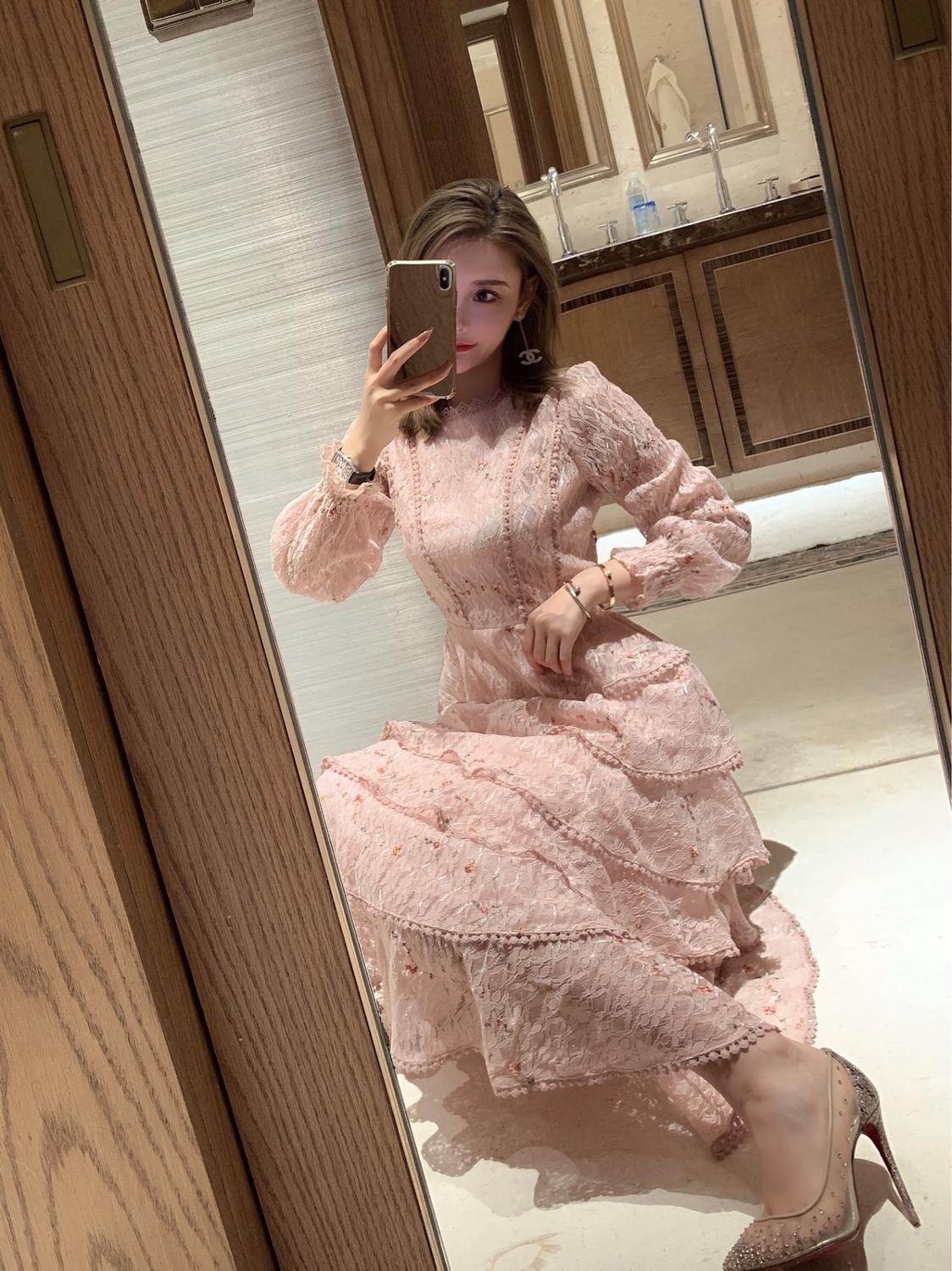 Vintage Spring Women Lace Embroidery Sweet Ruffles Layered Midi Long Dress Elegant Princess Party Holiday Dress Vestidos