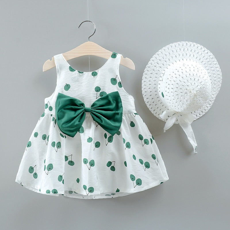 PatPat New Summer 2-piece Baby and Toddler Fruit Apple Cherry Allover Bow Decorative Sleeveless Dress and Hat Set