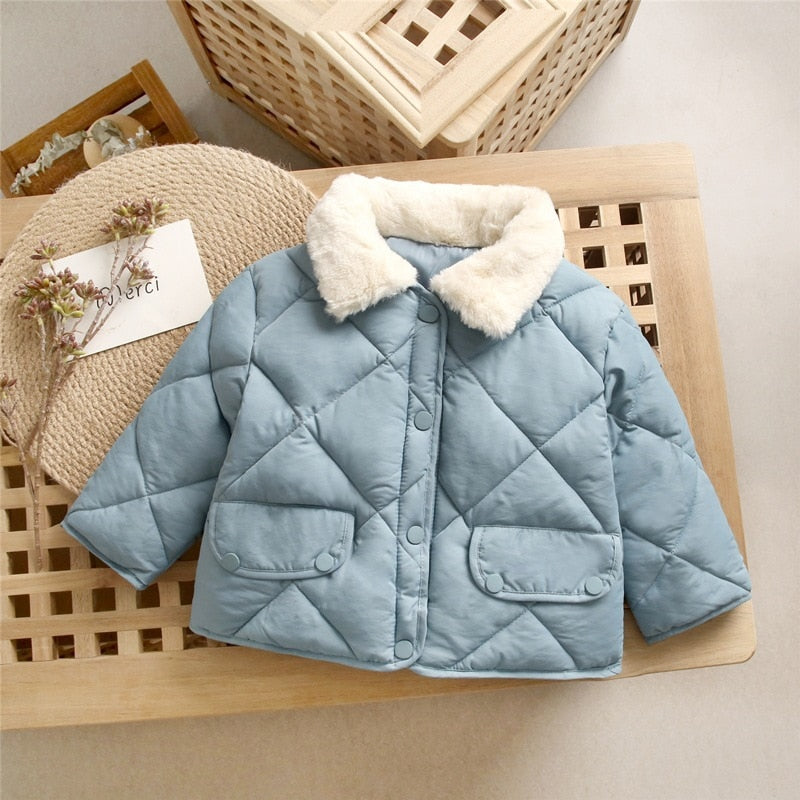 2022 New Winter Children&#39;s Warm Cotton Jackets Rabbit Fur Collar Coats Baby Short Quilted Jacket Kids Clothes Girl Boy Outerwear