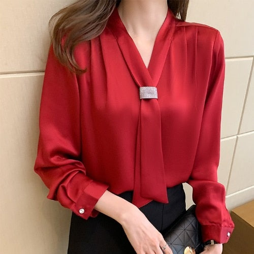 Korean Women Shirts Chiffon Blouses for Women Long Sleeve Shirts Tops Woman Ribbon Blouse Tops Fashion Woman Bow Tie Shirt XXL