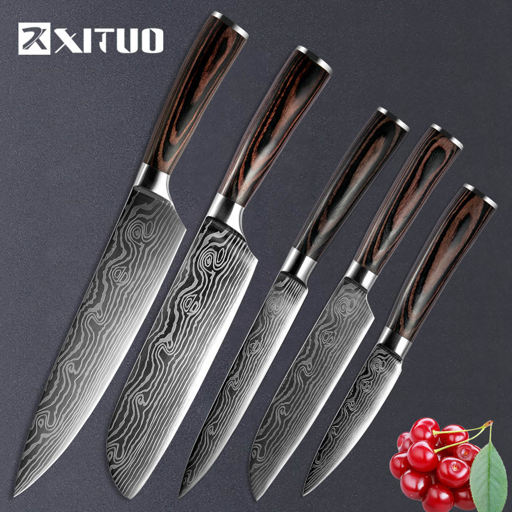 XITUO 1-5PCS set Chef Knife Japanese Stainless Steel Sanding Laser Pattern Knives Professional Sharp Blade Knife Cooking Tool