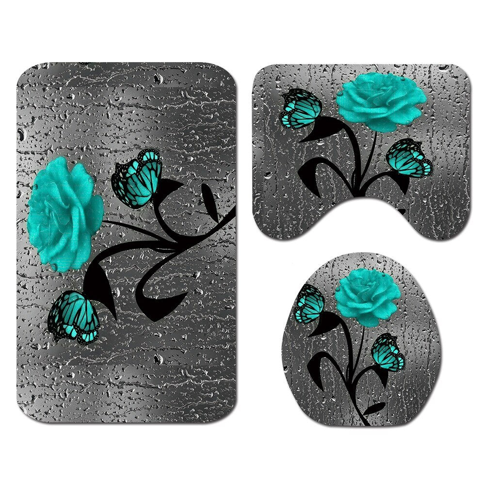 Floral Bath Mat and Shower Curtain Set Shower Curtain with Hooks Bath Rugs Anti Skid Bathroom Carpet Toilet Foot Pad Bath Mat