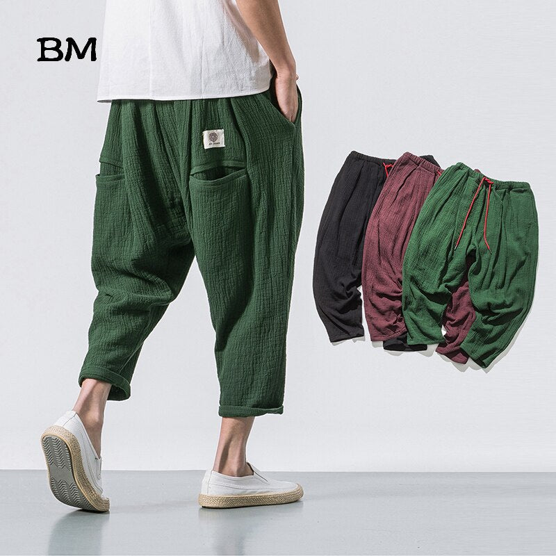 Best Black Linen Cropped Trousers Ethnic Style Harem Pants Mens Baggy Pants Summer Japanese Loose Joggers  www.chishtismart.com