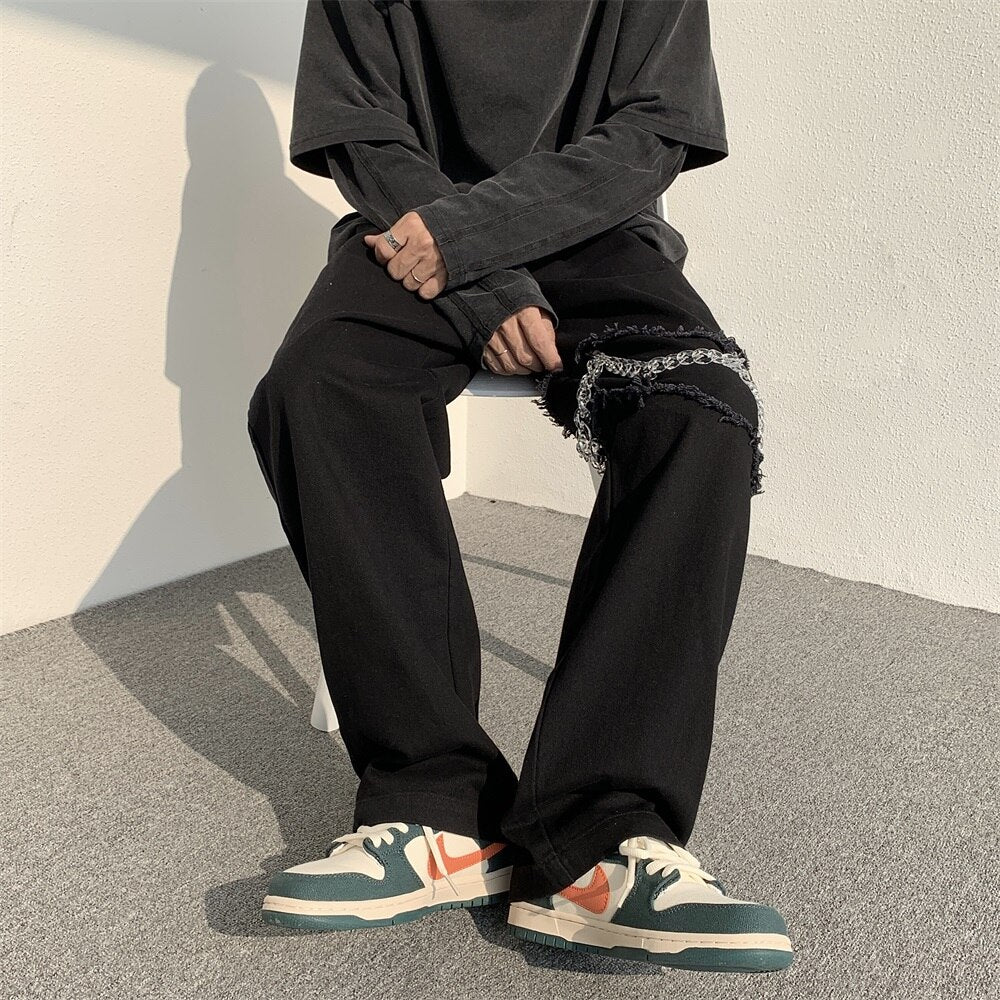 2022 New Fashion Casual Ripped Pants Spring Men&#39;s Straight Wide-leg Pants Chain Decor Washed Cotton Long Trousers Apricot/Black