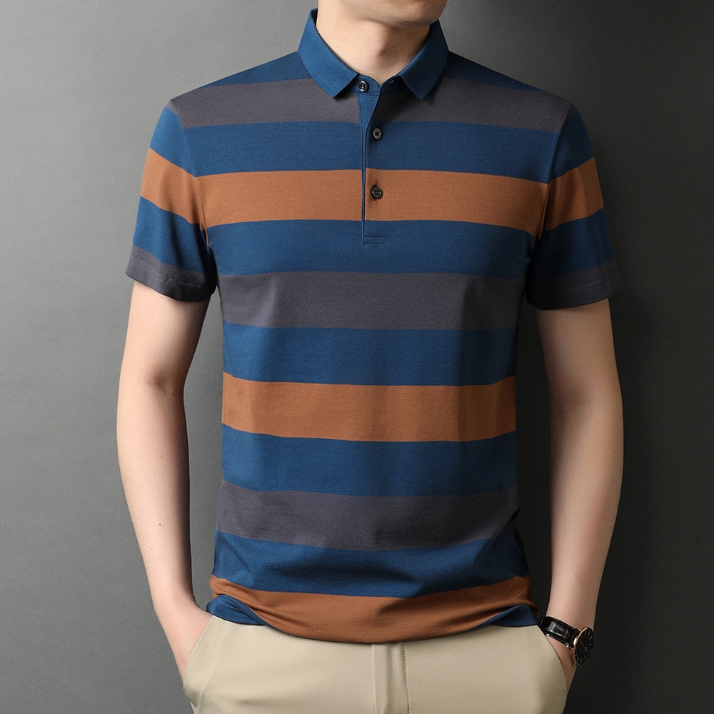 Top Grade New Summer Brand Striped Cotton Spandex Mens Designer Polo Shirts With Short Sleeve Casual Tops Fashions Men Clothing