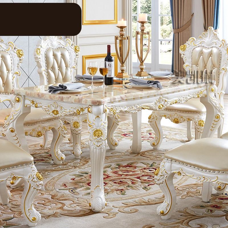 European-style White Gold-painted Solid Wood Dining Table Pink Dragon Jade Marble Long Dining Table Leather Dining Chair