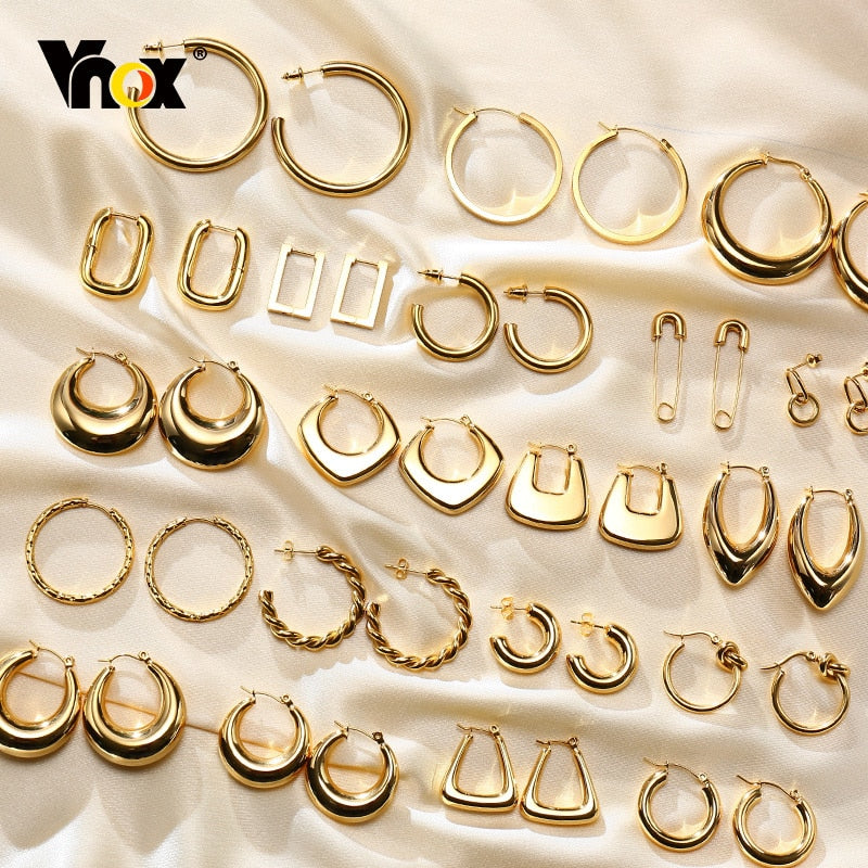 Vnox Minimalist Metal Hoop Earrings for Women, Gold Color Stainless Steel Chic Lady Girl Circle Earrings, Vintage Party Jewelry