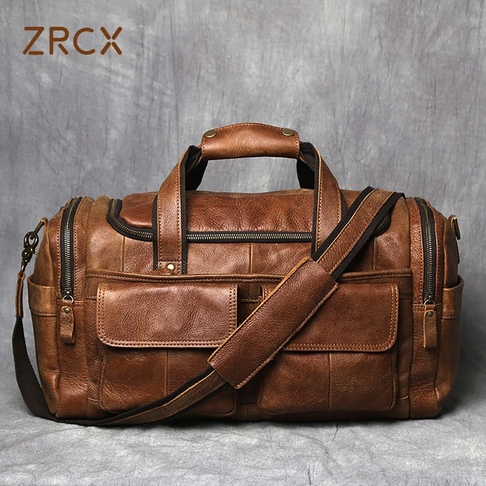 ZRCX Vintage Men&#39;s Hand Luggage Bag Travel Bag Genuine Leather Large Capacity Single Shoulder Messenger For 14 Inch Laptop