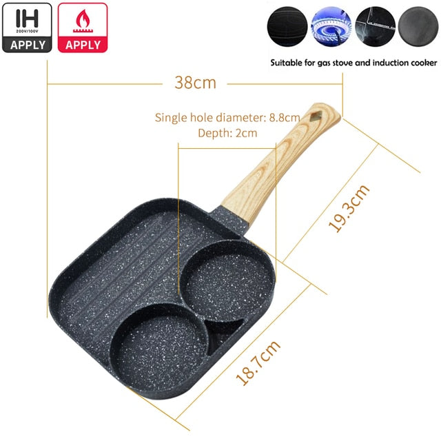 Non-stick Frying Pot Pan 2/4 Holes Steak Egg Pancake Thickened Omelet Pan Wooden Handle Pan For Kitchen Utensils