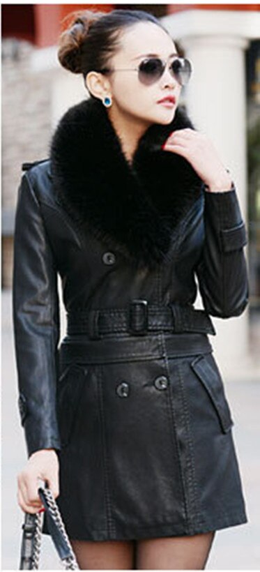 2022 Winter New Women Long Leather Jacket Coat Female Fashion Big Fur Collar Thick Slim Oversize Windbreaker