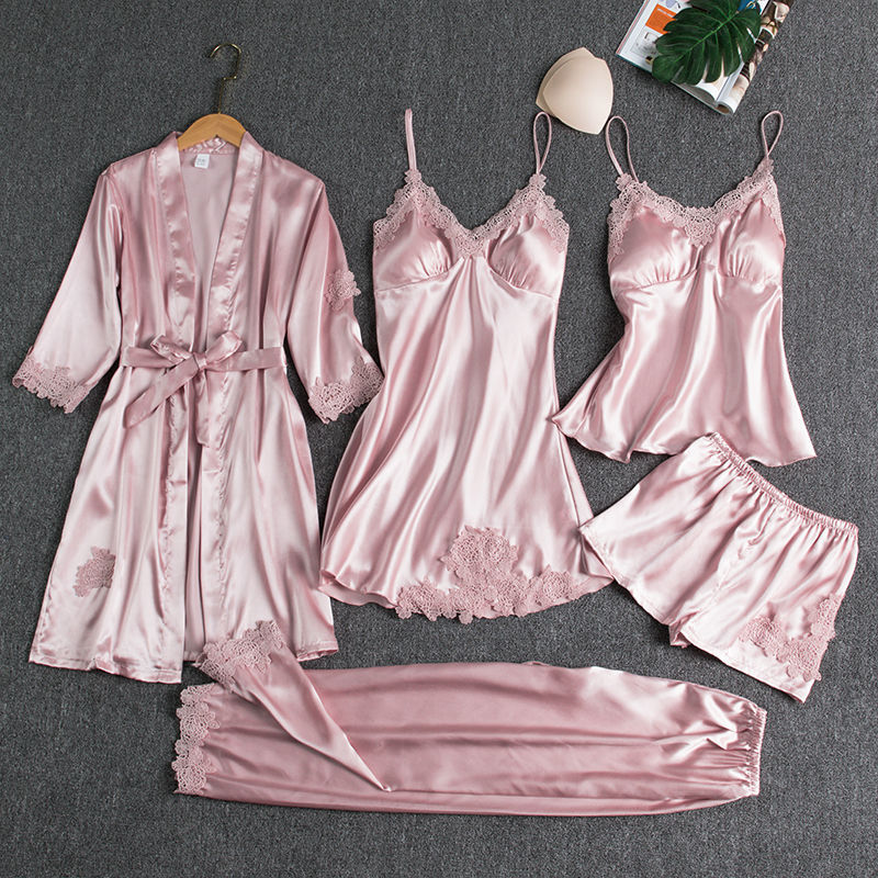 Sleepwear Female 5PCS Pajamas Set Satin Pyjamamas Lace Patchwork Bridal Wedding Nightwear Rayon Home Wear Nighty&amp;Robe Suit