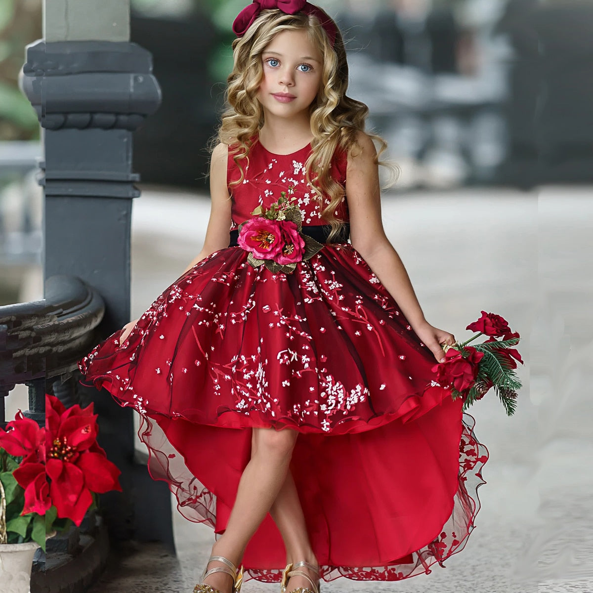 Baby Girls Flower Princess Ball Gown Party Tutu Trailing Dress For Brithday Wedding Kids Christmas Dresses Children Clothing