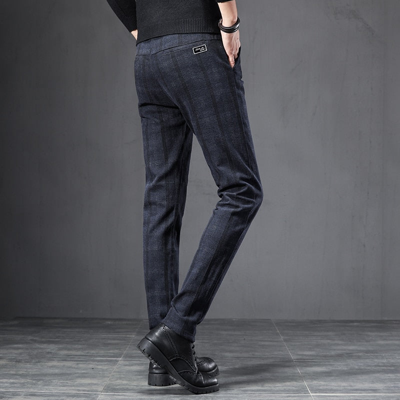 2022 Autumn Winter England Plaid Work Stretch Pants Men Business Fashion Slim Thick Grey Blue Casual Pant Male Brand Trousers 38