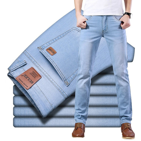 2021 Sulee Brand Top Classic Style  Men Spring Summer Jeans Business Casual Light Blue Stretch Cotton Jeans Male Brand Trousers