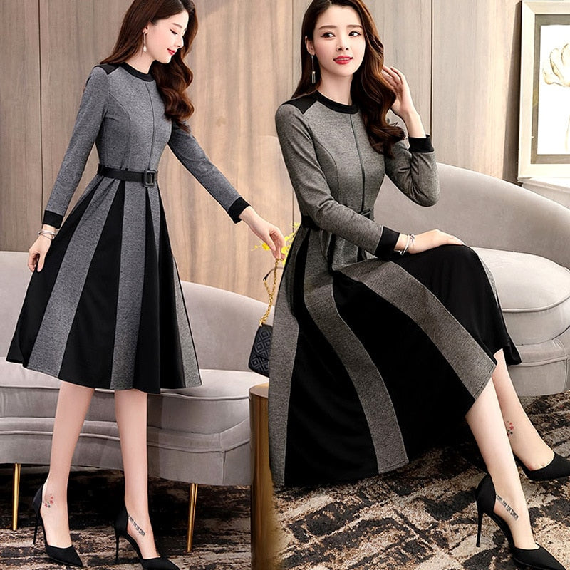 2020 Spring Dress Women A-Line Dress Long Sleeve Knee-Length Office Lady Elegant O-Neck Women Dress Casual Slim Autumn Vestidos