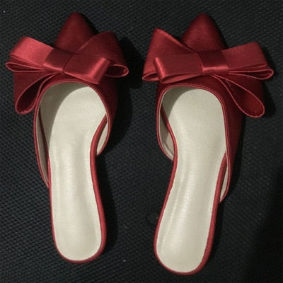 2018 spring and summer women&#39;s shoes Korean silk satin Pointed bow tie slippers Baotou flat heel sets semi slippers