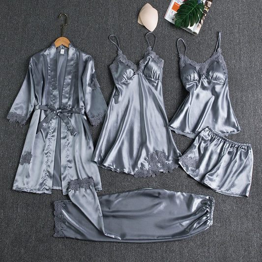 Sleepwear Female 5PCS Pajamas Set Satin Pyjamamas Lace Patchwork Bridal Wedding Nightwear Rayon Home Wear Nighty&amp;Robe Suit