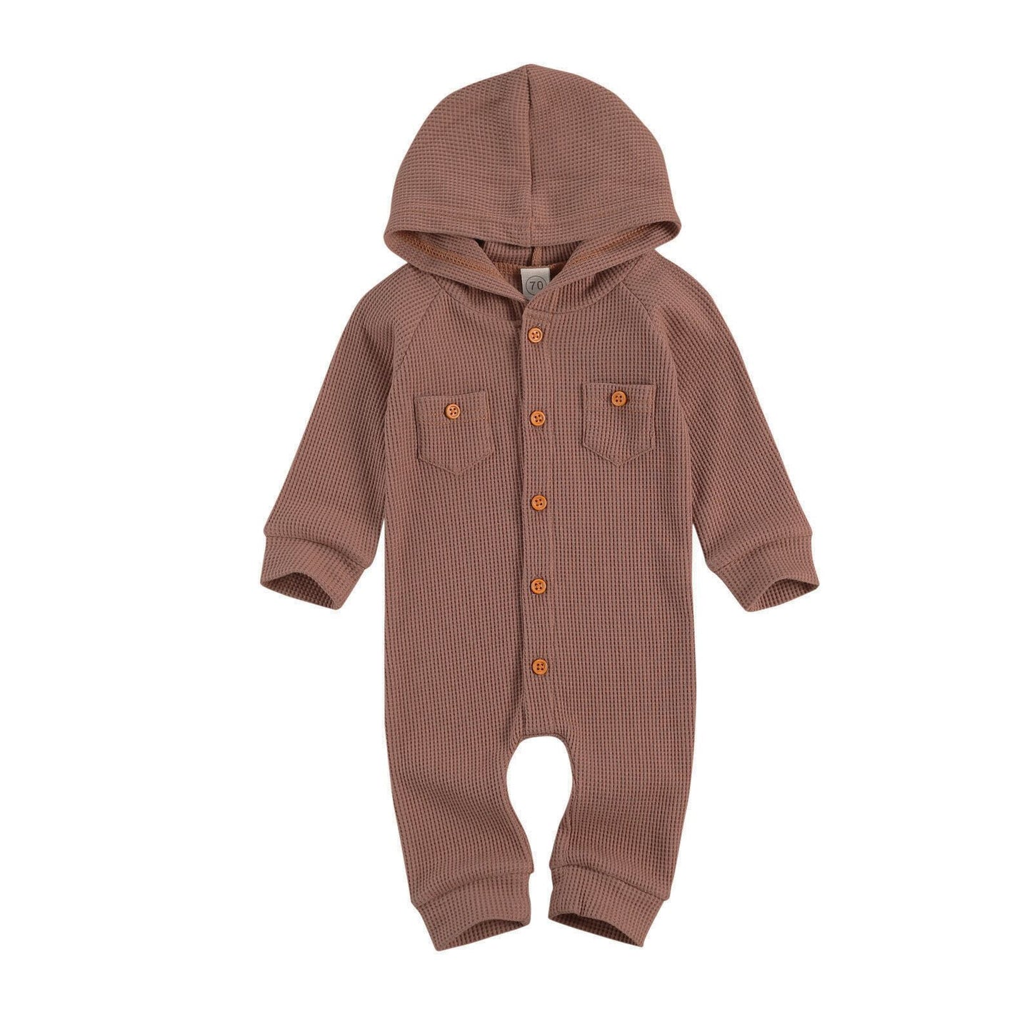 lioraitiin 0-24M Newborn Baby Boy Girl Fall Waffle Pattern Rompe Long Sleeve Single Breasted Hooded Jumpsuits Two Front Pockets