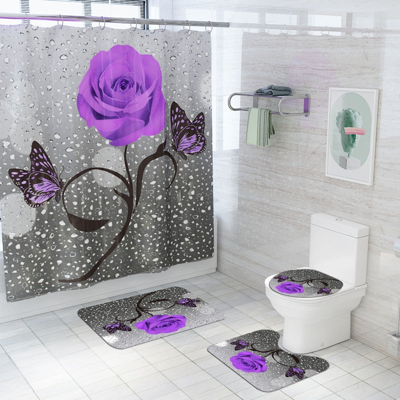 Floral Bath Mat and Shower Curtain Set Shower Curtain with Hooks Bath Rugs Anti Skid Bathroom Carpet Toilet Foot Pad Bath Mat