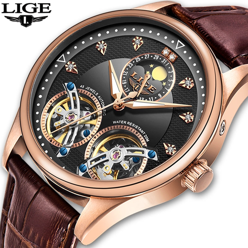 Reloj LIGE Men Watch Mechanical Tourbillon Luxury Fashion Brand Leather Male Sport Watches Men Automatic Watch Relogio Masculino