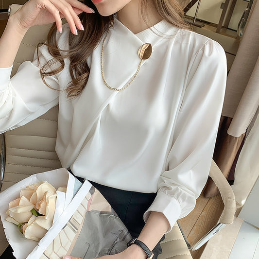 Women&#39;s Shirts Solid Satin Blouses for Women Chain Asymmetric Blouse Women Long Sleeve Top White O-neck Female 2022 Basic Shirt