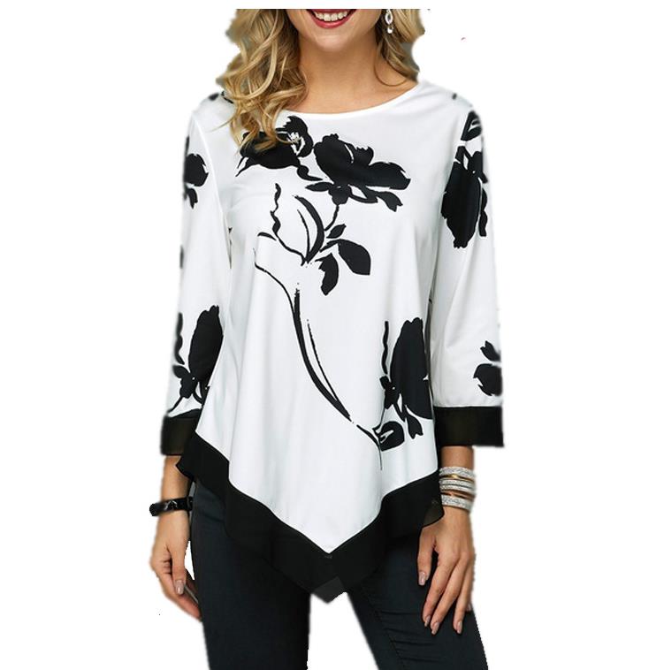 Floral Printed Women Blouse Asymmetric Hem O Neck Long Sleeve Shirts Summer Female Pullover Tops Blusas Fashion Lady Camisa