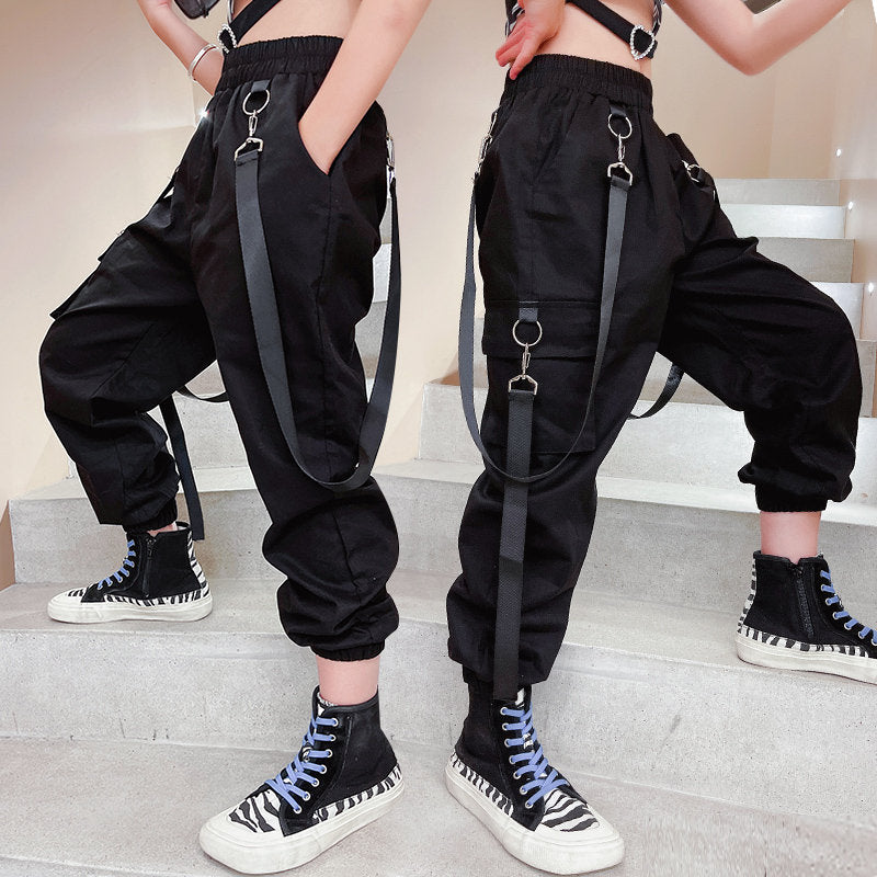 Black Cargo Pants for Teenage Girls New Fashion Summer Streetwear Hip Hop Sweat Pants With Chain for Girls 6 8 10 12 14 Year Old