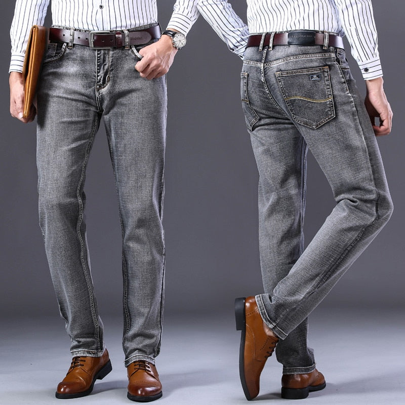 New Men Stretch Regular Fit Jeans| Best Business Casual Classic Style Fashion Denim Trousers| Male Black Blue Gray Pants  www.chishtismart.com