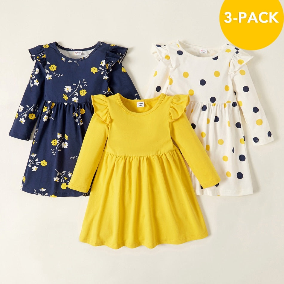 PatPat Spring and Autumn 3-pack Dresses Toddler Girl Dots and Solid Short and Long-sleeve Dress Set Cute Children&#39;s Clothing