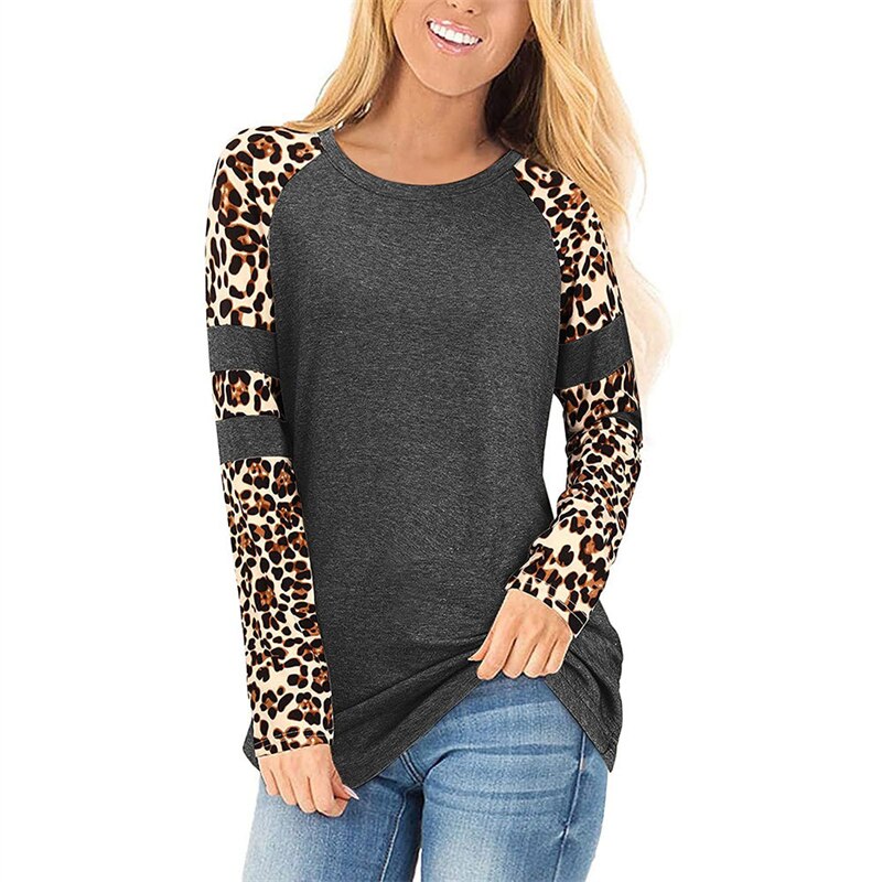 Autumn Patchwork Leopard Print T-shirts Women&#39;s Long Sleeve Top O-Neck Loose Pullover Tees Harajuku Vintage Basic Tshirt Female